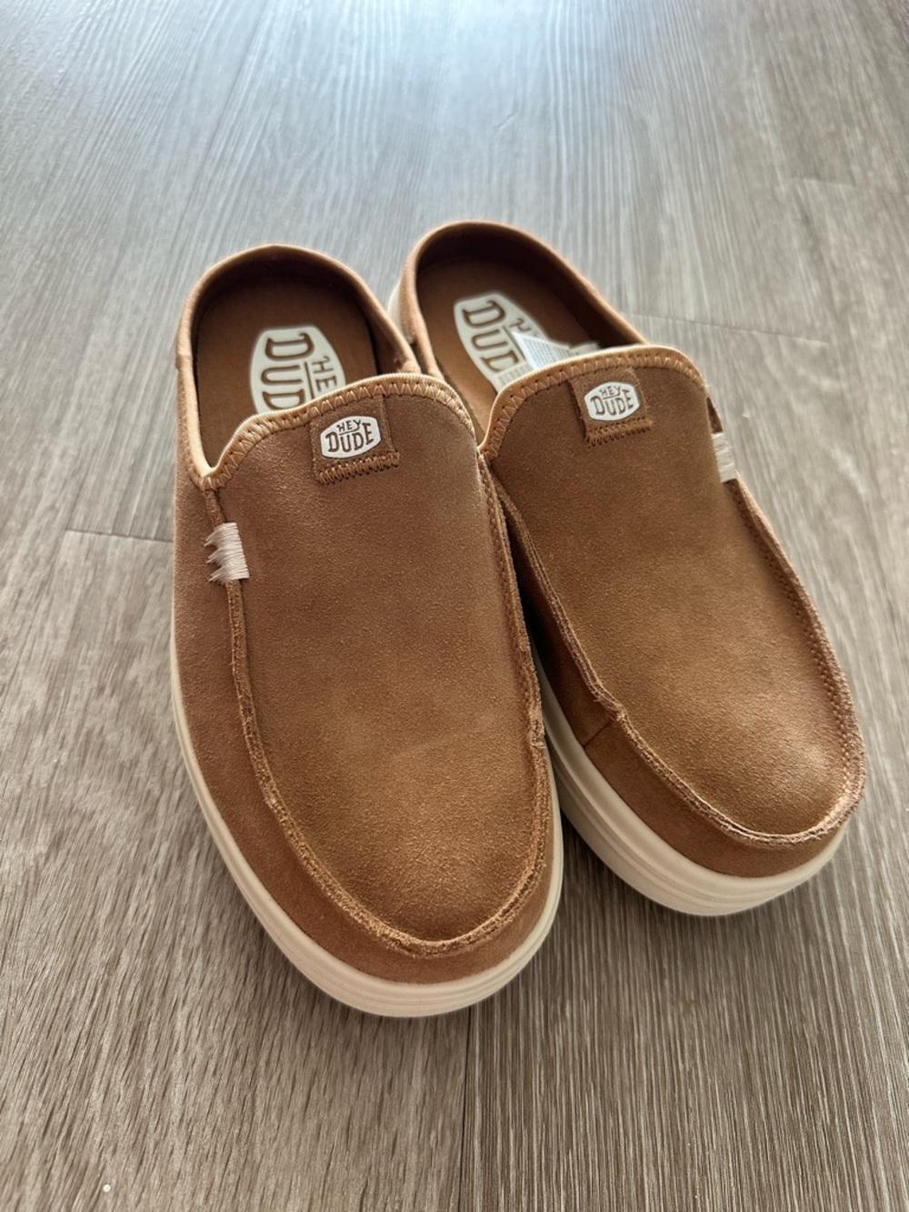 Hey Dude Womens Tan Suede Slip-On Loafers